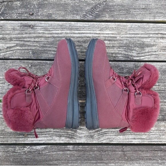 Floopi Faux Fur Boots Burgundy Lace-up Winter Shoes Booties Fleece-Lined Size 10 - Picture 10 of 13